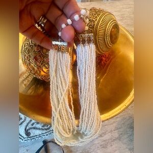 Elegant White Beaded Tassel Earrings